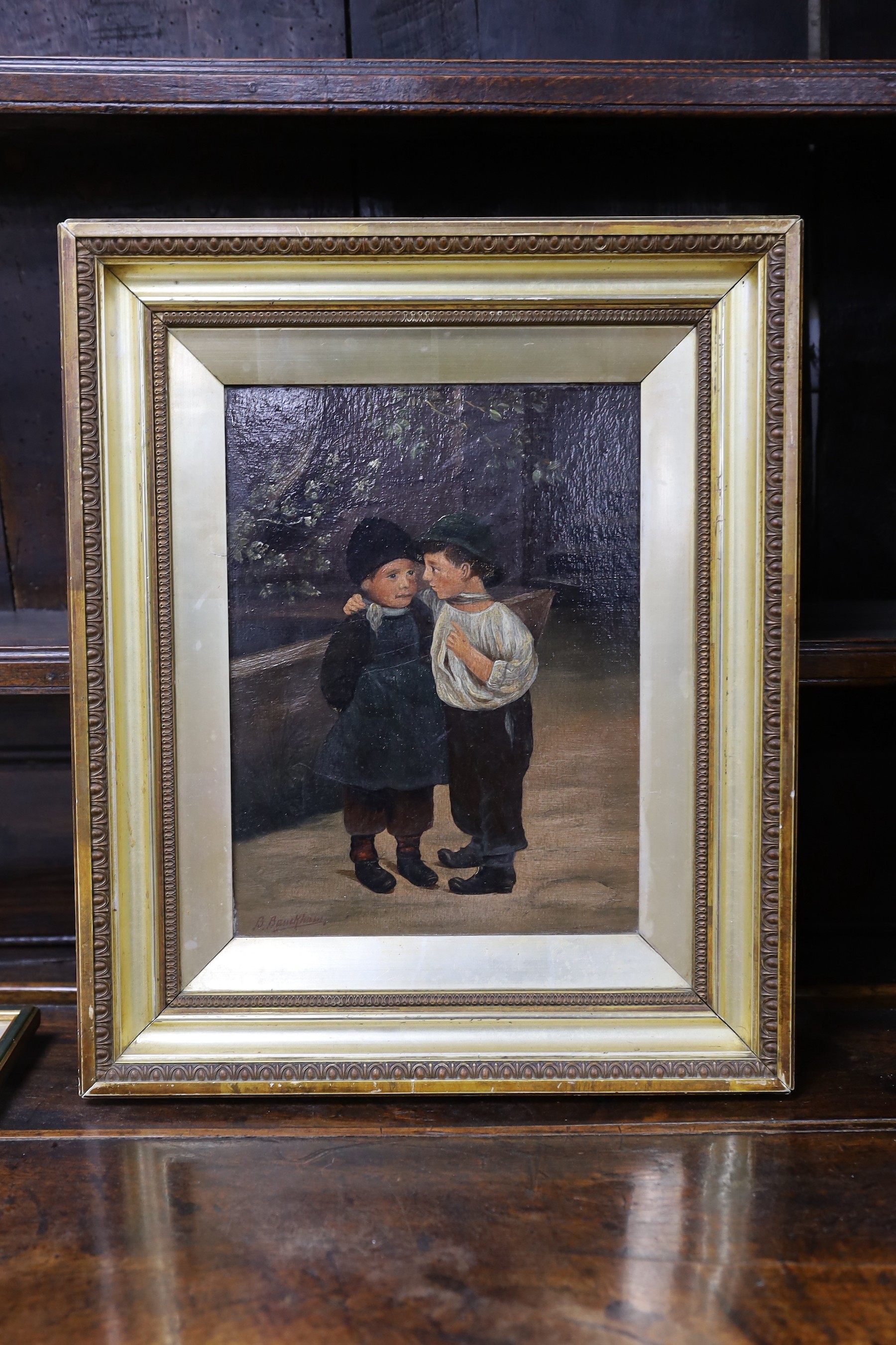 B.Bauckhaus (19th C.), oil on board, Study of two children, signed, 29 x 21cm